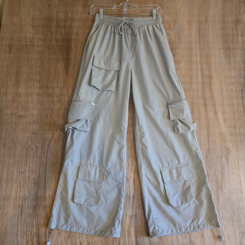 Wide Leg Parachute Cargo Pants Gray Track Trousers Womens Size M Drawstring Hem